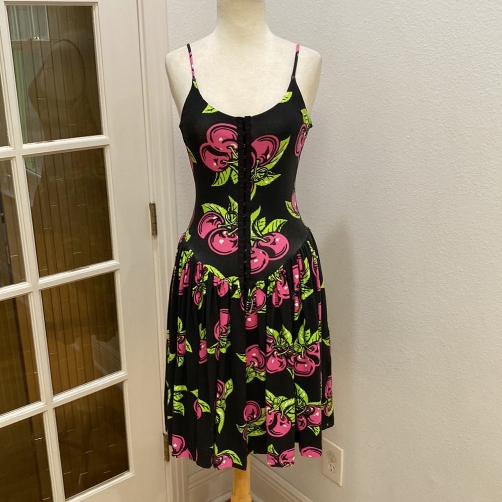 Vintage ๐ 80s Y2k Betsey Johnson Punk Label Archive Cherry Cotton-Lycra Dress - Picture 2 of 9